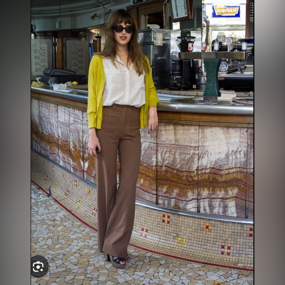 Rouje Brown Wide-Leg Trousers with Yellow Cardigan Accent